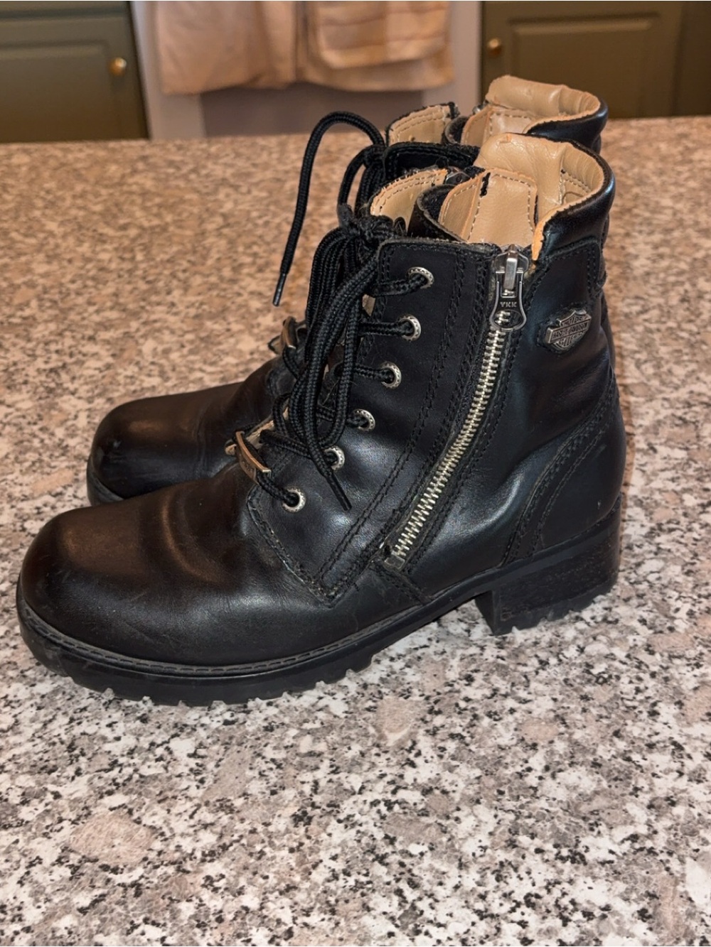 Harley-Davidson Black Leather Lace-Up Ankle Boots with Side Zipper